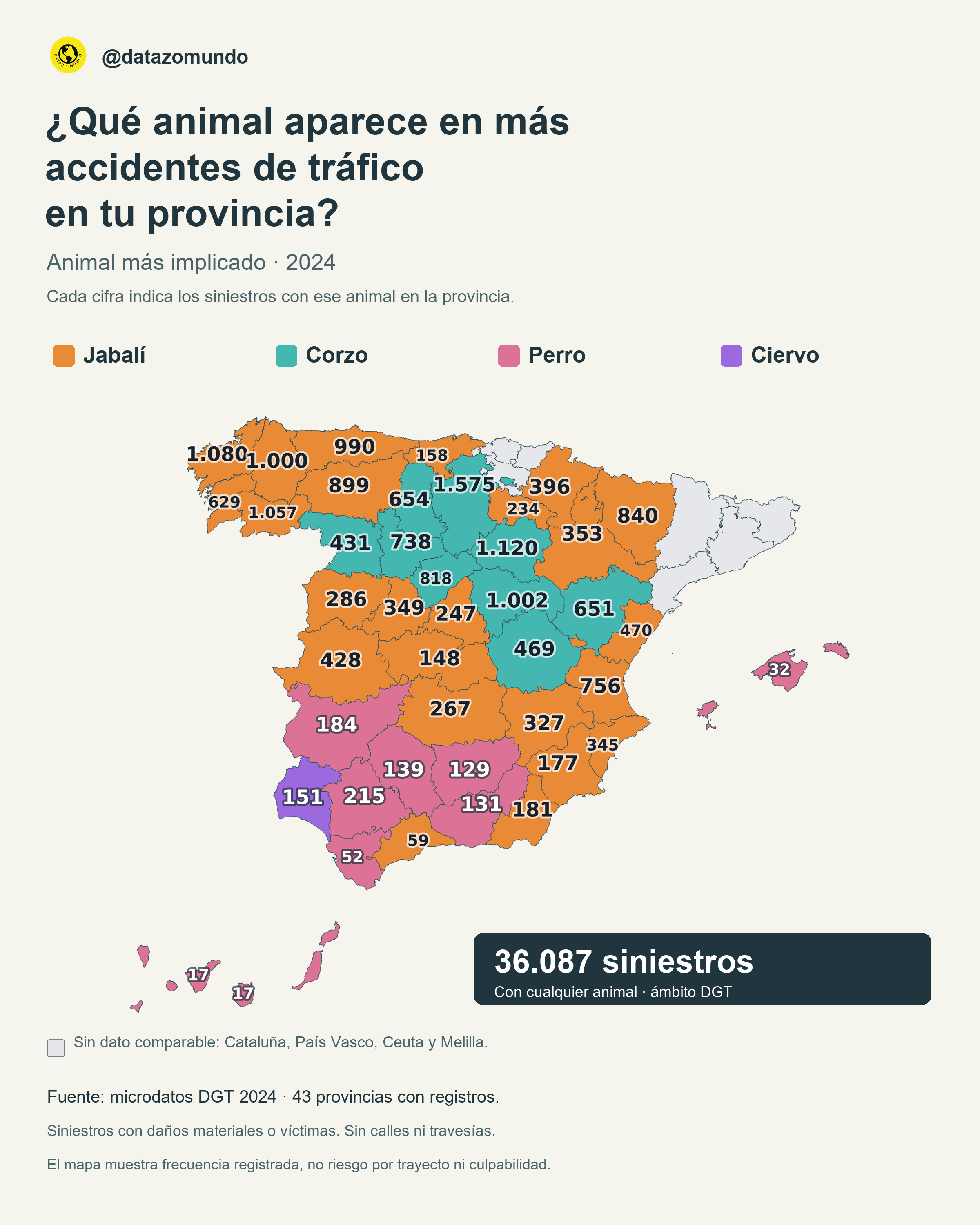 Mapa provincial de 2024: jabalí en 24 provincias, corzo y perro en nueve cada uno, ciervo en Huelva. Cataluña y País Vasco en gris por falta de datos comparables. Las cifras provinciales están en la tabla.